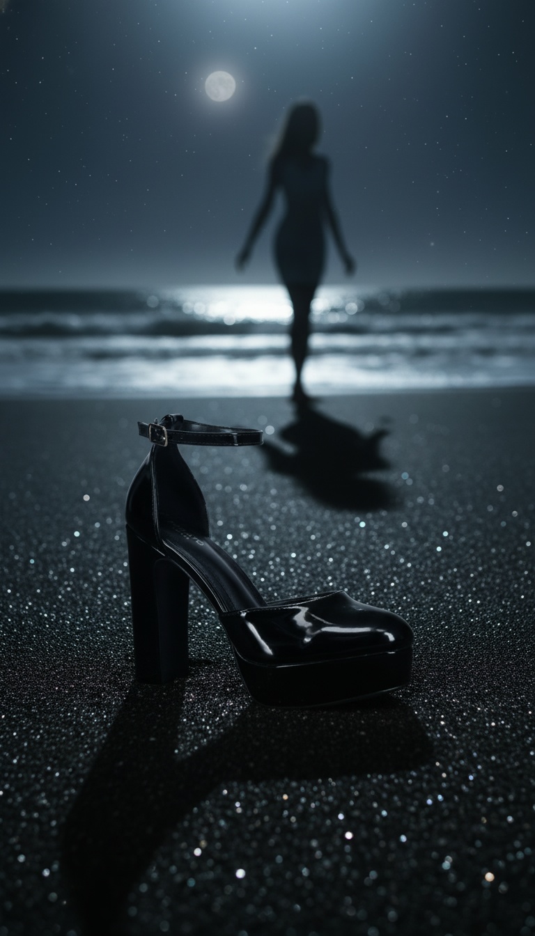 Silhouette of a black heel on a moonlit beach — CampaignsLive AI print and OOH campaign creative
