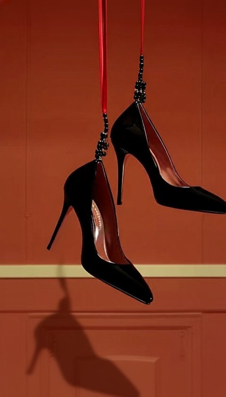 Black heels tied with red ribbons on velvet — CampaignsLive AI print and OOH campaign creative