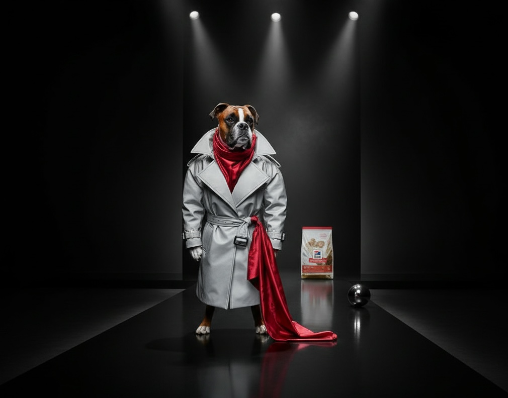 Dog wearing a trench coat in a pet food campaign scene — CampaignsLive AI digital campaign creative
