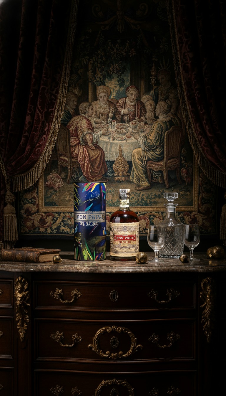 Rum bottle set against a Renaissance tapestry — CampaignsLive AI print and OOH campaign creative