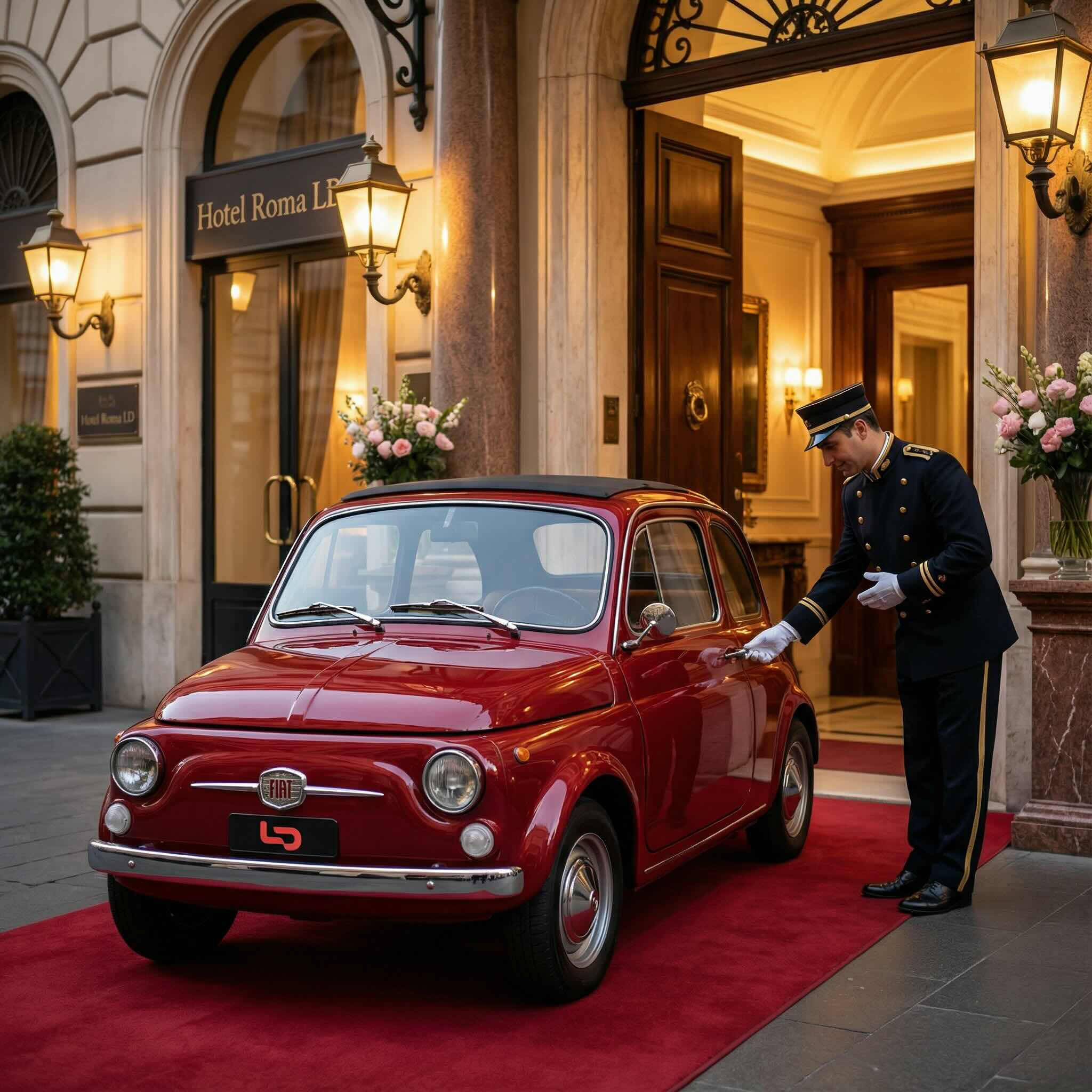 Red city car welcomed by a hotel doorman — CampaignsLive AI digital campaign creative