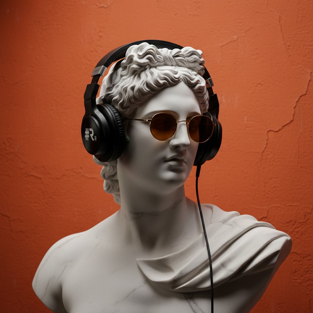 Classical Greek bust wearing headphones on an orange backdrop — CampaignsLive AI digital campaign creative