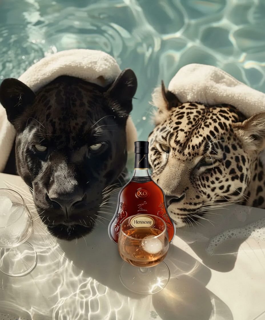 Cognac bottle guarded by big cats at a poolside — CampaignsLive AI print and OOH campaign creative