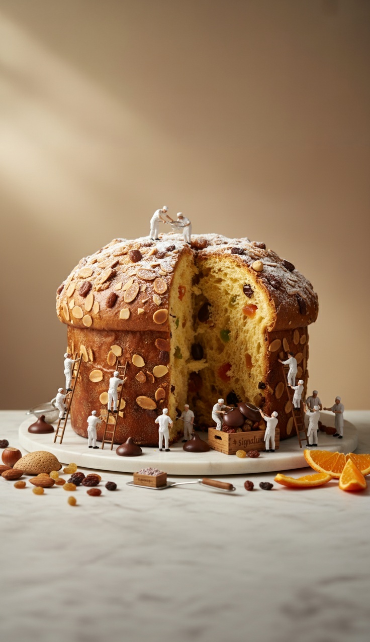 Panettone on a tabletop surrounded by miniature chefs — CampaignsLive AI print and OOH campaign creative
