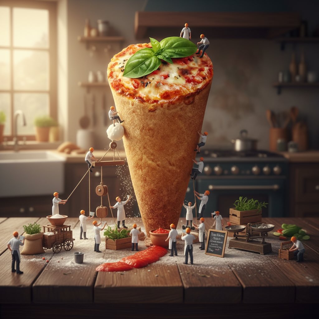 Pizza cone assembled by a crew of miniature chefs — CampaignsLive AI digital campaign creative
