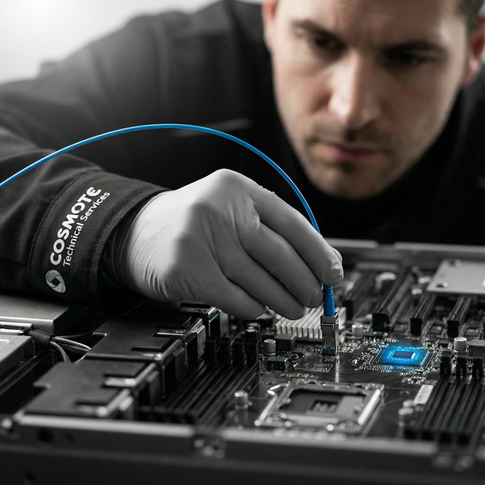 CampaignsLive AI tech service creative — close-up of a technician's gloved hand connecting a cable to a motherboard