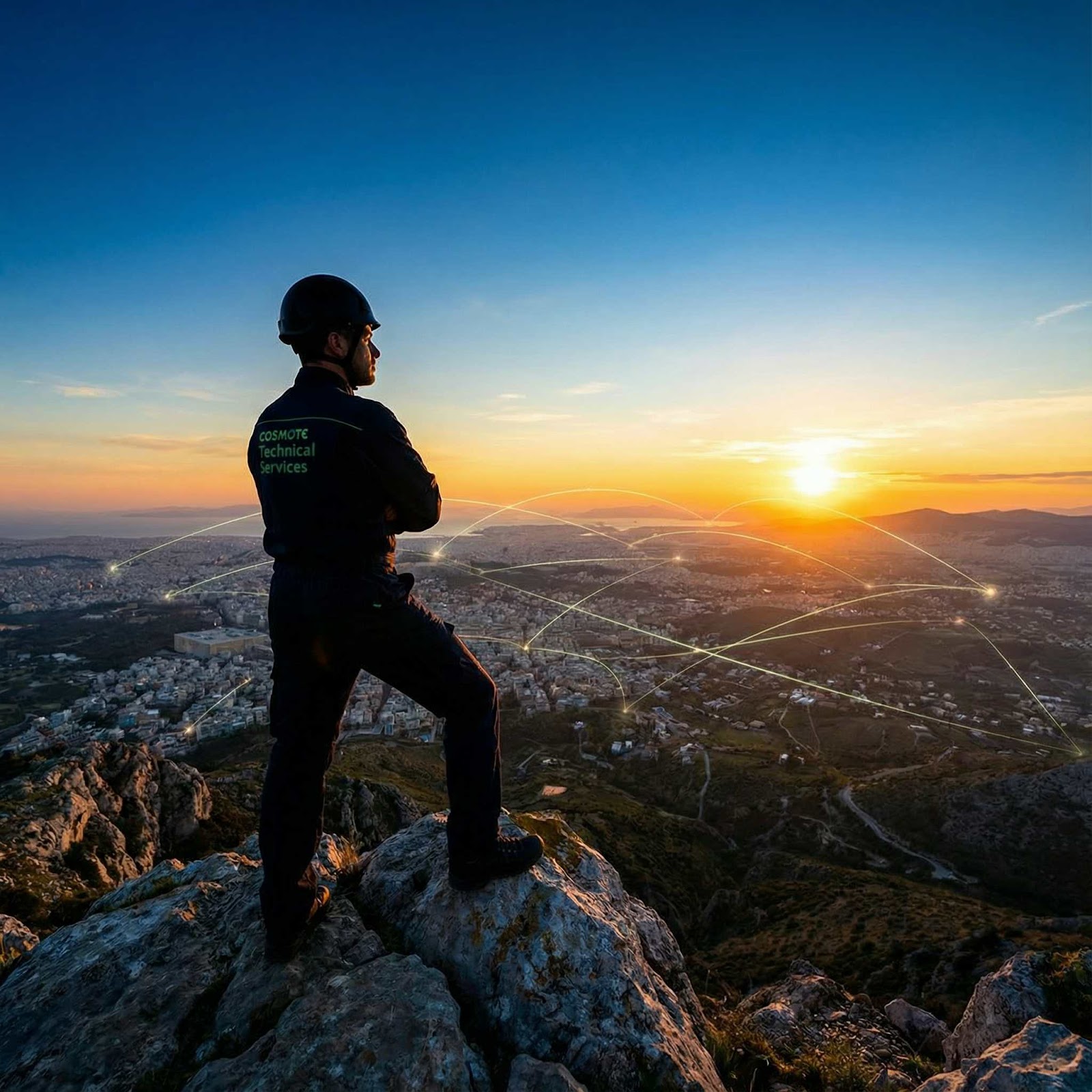 CampaignsLive AI tech and telecom creative — technician on a mountain overlooking a connected city