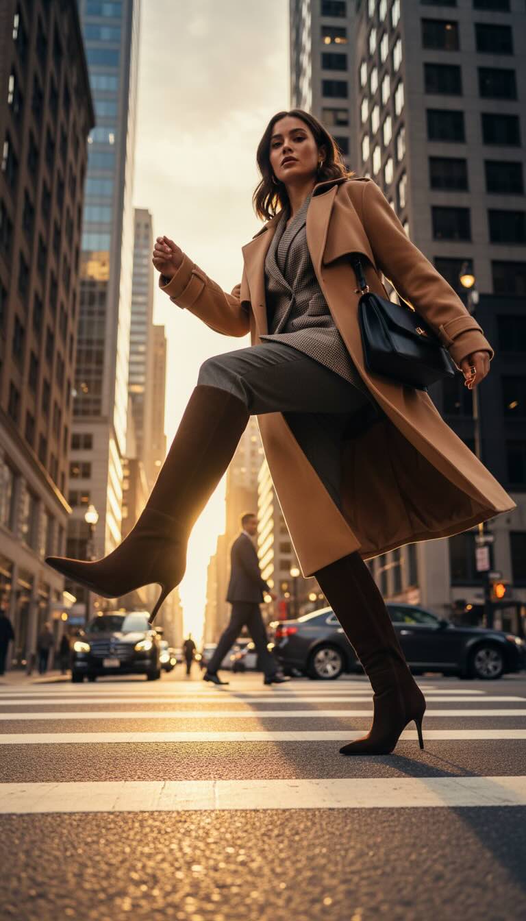 Woman in a trench coat on a city street — CampaignsLive AI print and OOH campaign creative