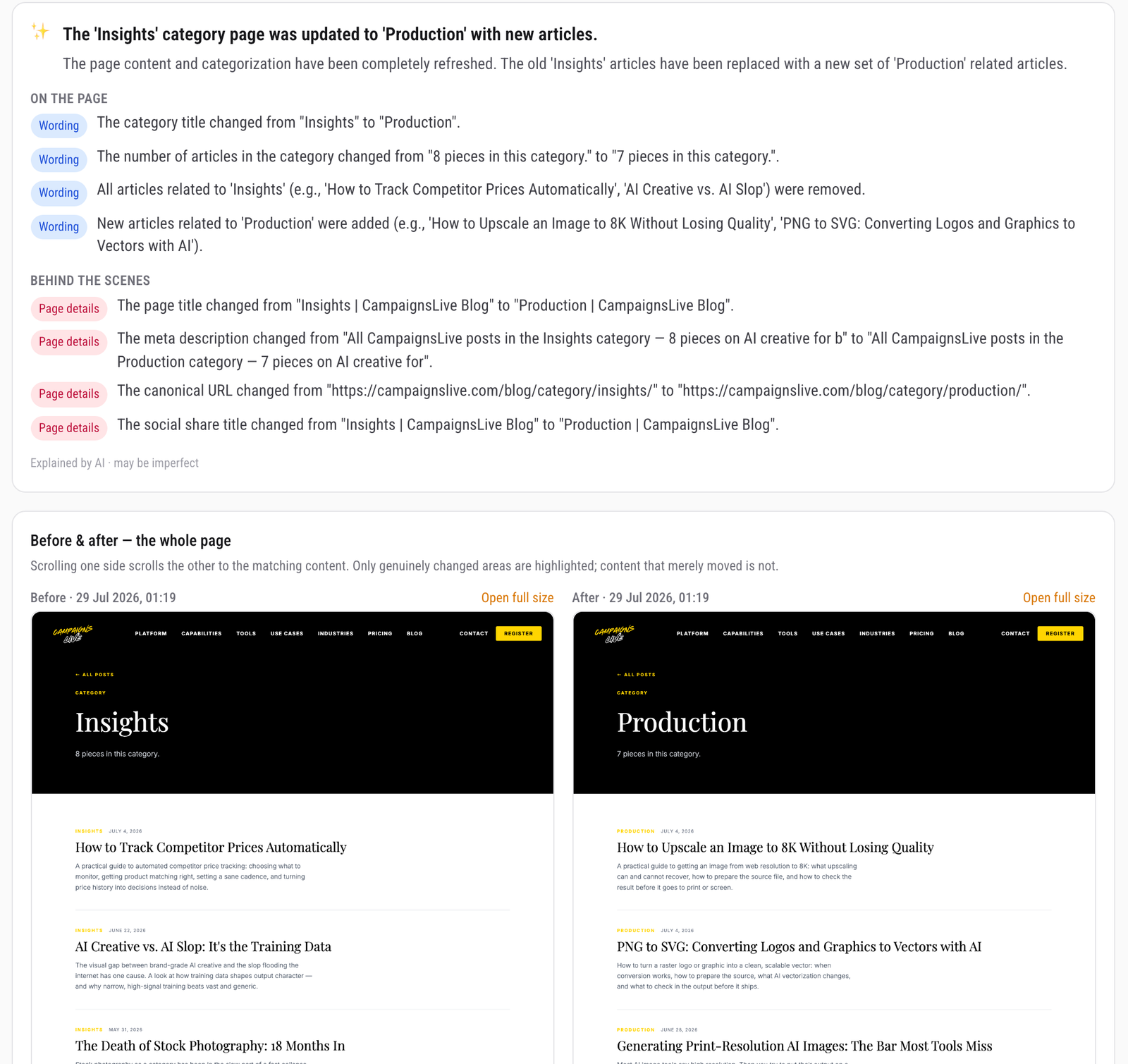 A page-monitoring view with before-and-after screenshots and a summary of what changed