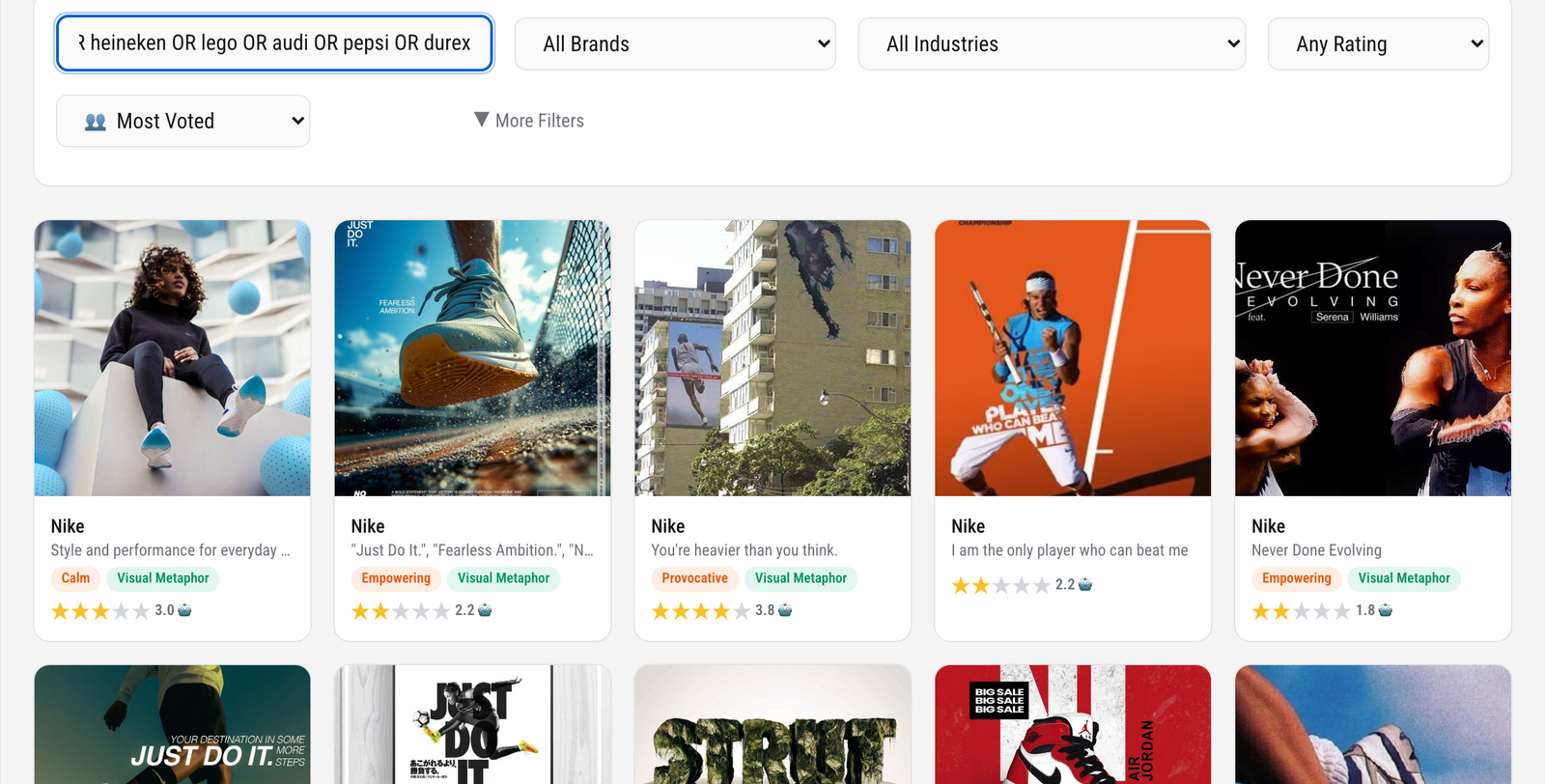 The creative inspiration library filtered to world-famous brand campaigns