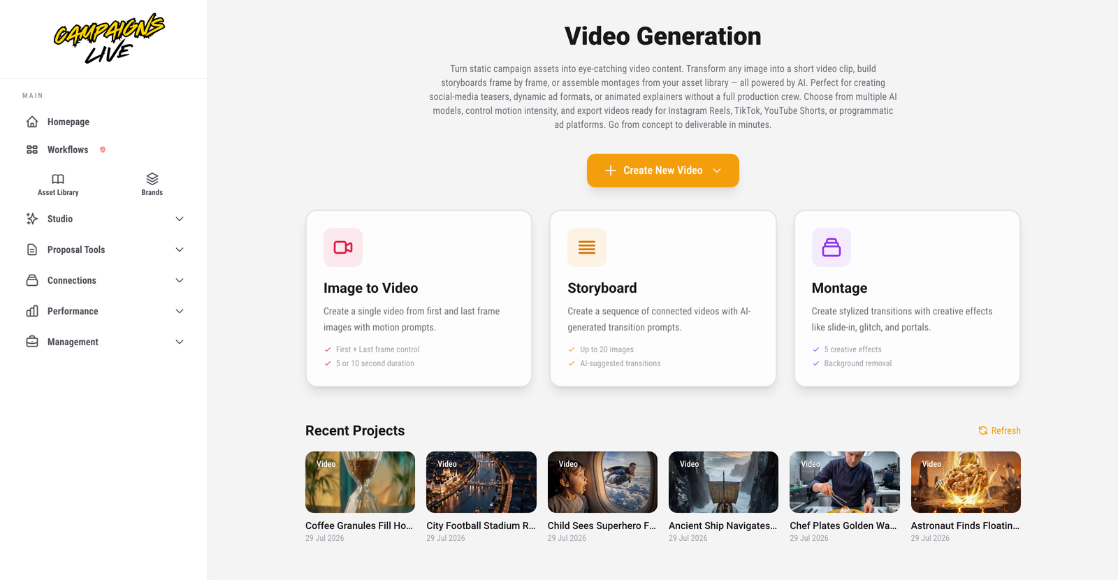The video generation hub: image-to-video, storyboard and montage modes, with recent films including an ancient ship, an astronaut, and a coffee hourglass